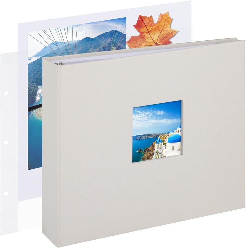 1DOT2 8x8 DIY Small 3 Ring Scrapbook Photo Album Journal with 30 Plastic Sleeves 60 Pages and Fabric Cover for Baby Travel Wedding Couple Anniversary Kids Adventure(Beige Cover/White Pages) - Image 1